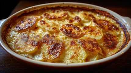 Delicious close-up of a freshly baked potato gratin (scalloped potatoes/dauphinois) in a ceramic dish, featuring creamy sauce and a bubbly, golden-brown caramelized cheese and potato crust.