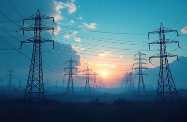 Power pylons and wires march across a misty, fading sunset landscape. High-voltage electricity transmission grid stretches into the horizon, a symbol of modern industrial progress.