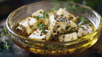Horizontal close-up of creamy feta cheese cubes marinated in olive oil with fresh thyme, rosemary, and peppercorns in a glass bowl. Perfect appetizer for mediterranean, greek, healthy food concepts.