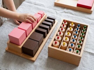 Child learning with wooden blocks and cylinders educational toys