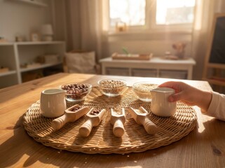 Child using scoops for sensory play with beans and grains