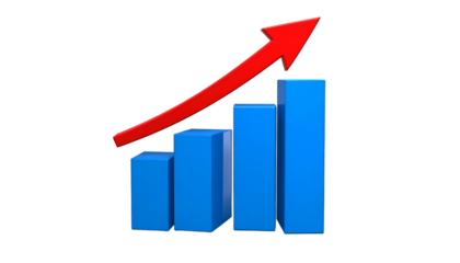 A blue bar graph with a red arrow pointing upwards, set against a black background