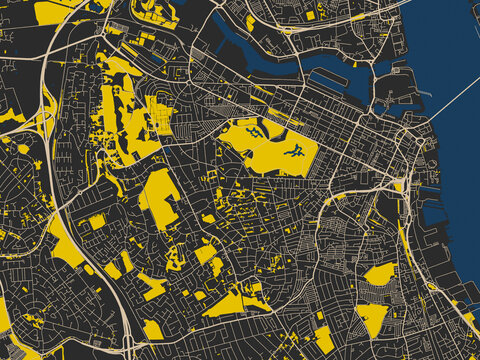 Decorative abstract map of Birkenhead, United Kingdom, featuring graphite black base with warm cream road network, signal-yellow open areas and inky blue waterways