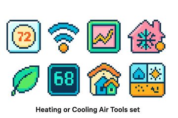 Heating and cooling flat icon set. Climate control, air tools icons collection