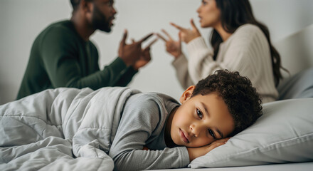 Sad little boy lying in bed while his parents argue in the background, feeling neglected and upset by the family conflict.