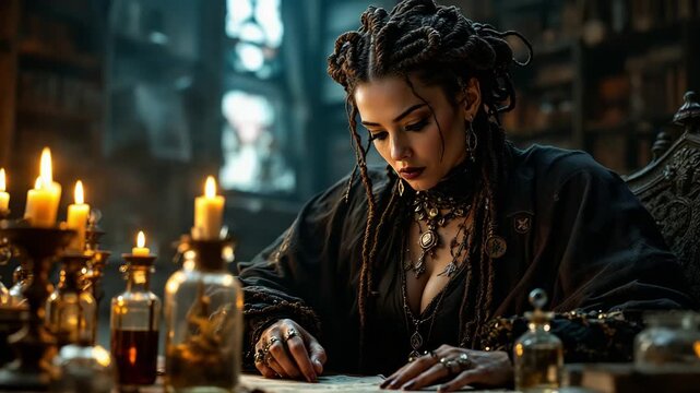 Apprentice crafts mystical potion amid dark ambient lighting