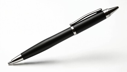 Matte black pen with silver accents rests on clean white surface. Writing instrument poised for use, suggesting business or personal note taking.