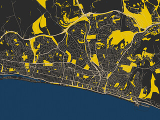 Flat city map of Brighton, United Kingdom in dark map with yellow accents