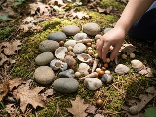 Childs hand collecting natural objects in forest floor