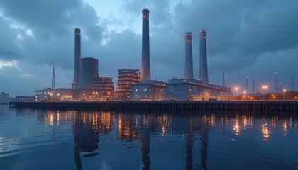 Obraz premium Industrial power plant with tall smokestacks and cooling towers on waterfront at dusk. Lights reflect on water surface. Complex facility generates electricity.