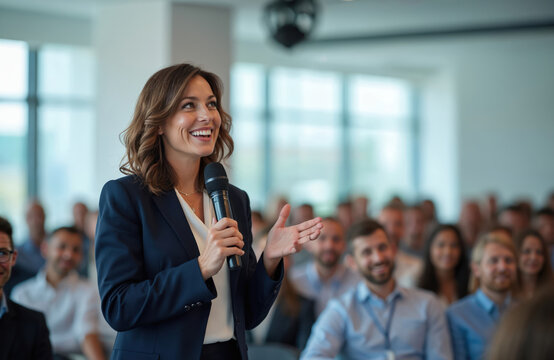 Woman speaks into microphone addressing audience in conference hall. Professional presenter engages listeners with speech at business event. People listen attentively in modern venue.
