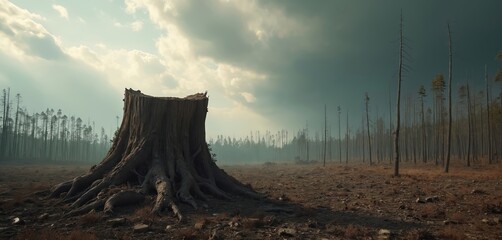 Giant tree stump with exposed roots sits in barren landscape. Destroyed forest background with dead trees stands under hazy sky. Environmental devastation.