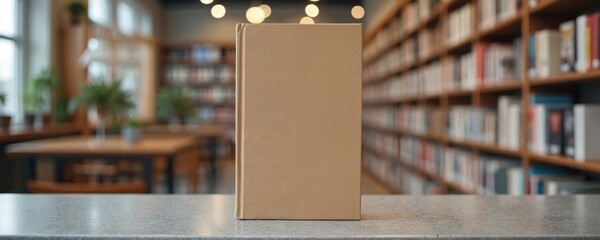 Blank book sits on table in bookstore aisle surrounded by shelves of books. Offers space for custom text or design. Ideal for publishing or retail concepts.
