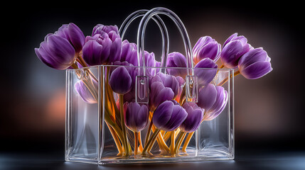 A stunning arrangement of purple tulips beautifully displayed in a transparent bag, creating a striking contrast against a dark background.