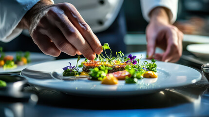 chef plating gourmet dish with microgreens and vibrant ingredients on a white plate in a professional kitchen showcasing fine dining cuisine precision cooking and artistic food presentation

