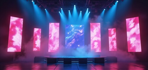 Fototapeta premium Empty stage with multiple glowing led screens displaying abstract colorful cloud patterns and starry sky visuals. Stage lighting creates a vibrant atmosphere for performance or event presentation.