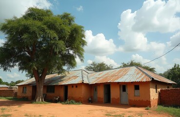 Rural village scene with traditional ochre mud brick homes and rusty corrugated metal roofs under a cloudy sky. Large green tree provides shade in front of humble dwellings.