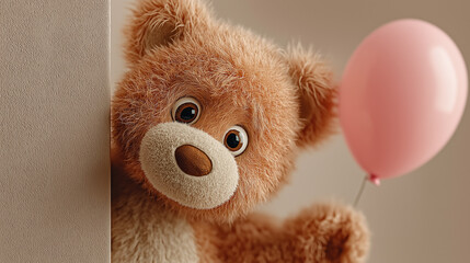 A fluffy teddy bear peeks around a wall, holding a pink balloon, exuding a sense of joy and playfulness in a warm, cozy setting.