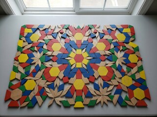 Colorful geometric mosaic pattern art on a wall