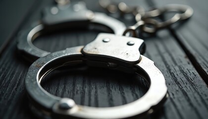 Close-up of metal handcuffs resting on dark wooden surface. Symbolizes arrest detention justice law enforcement and crime investigation. Useful for news and legal topics.