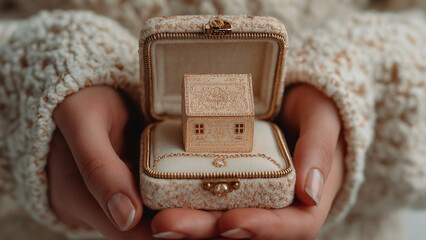 A beautifully crafted gold house-shaped jewelry box, held delicately in hands, contains a sparkling ring?symbolizing love and elegance.