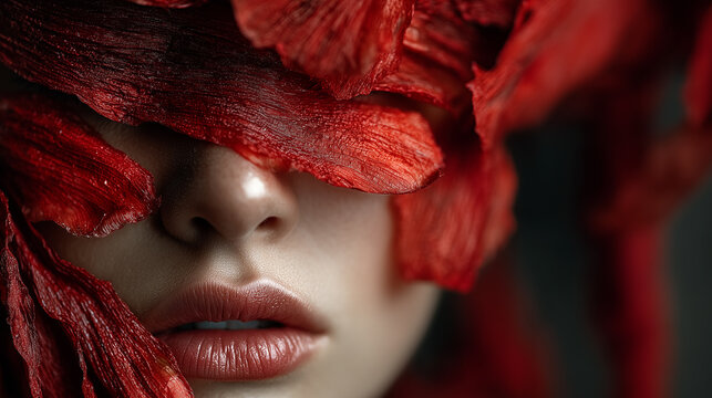 A close-up portrait featuring a face partially concealed by vibrant red petals, accentuating soft lips and smooth skin, evoking a sense of intrigue and beauty.