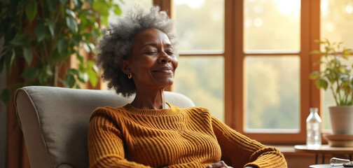 Elderly Black woman relaxes in chair, eyes closed, peaceful smile. Warm light streams through window illuminating tranquil living room with plants. Hydration nearby.
