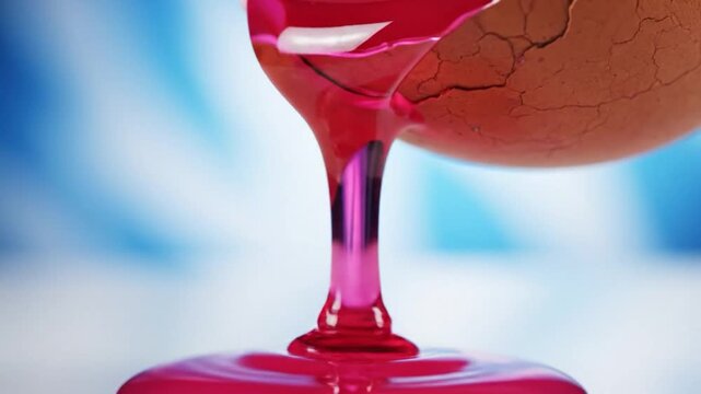 Cracked eggshell dripping vibrant pink liquid against a soft blue background in macro view