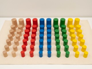 Colorful wooden cylinders arranged for learning and sorting