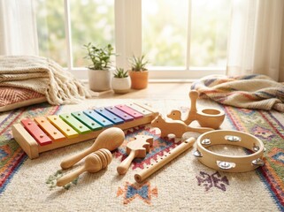 Colorful wooden musical toys arranged on a rug