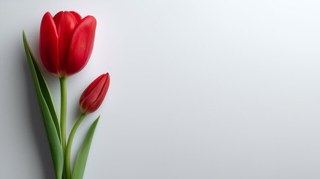 A striking image of a vibrant red tulip and a budding flower, complemented by sleek green leaves against a minimalist background. - Powered by Adobe