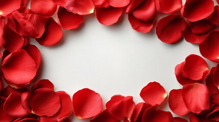 A beautiful arrangement of vibrant red rose petals encircles a blank space, creating an elegant frame perfect for romantic messages or invitations.
