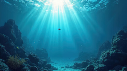 Sunbeams penetrate deep blue ocean water. Single small fish swims near rocky coral reef. Underwater seascape with serene aquatic life and sunlit surface.