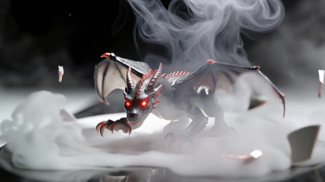 Mysterious orb like egg with glowing symbols erupts and explodes to reveal a mystical black and white winged dragon inside, surrounded by fog