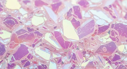 Obraz premium Captivating macro view of sparkling iridescent crystalline fragments creating a vibrant, abstract texture with pastel pink and purple light, offering a luminous backdrop