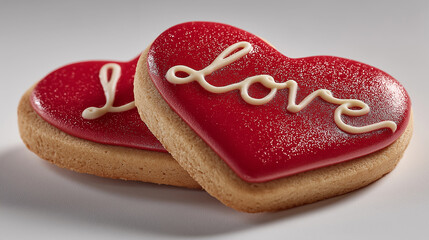 Delicious heart-shaped cookies decorated in vibrant red icing with a cursive love, perfect for sharing sweetness on special occasions.