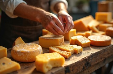 Vendor arranges diverse cheese types on rustic wood counter. Various hard and soft cheeses are cut and displayed. Skilled hands prepare fresh dairy products for customers at market.