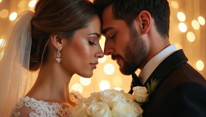 Bridal couple forehead touch, soft bokeh lights background. Bride wears veil and earrings, groom in suit. Holding white rose bouquet, intimate moment of love.