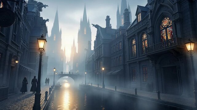 Gentle morning glow illuminates wet streets and skyline silhouettes
