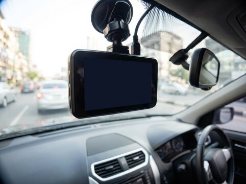 Dashcam mounted on car windshield recording the road ahead