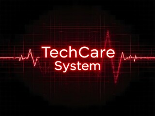 Techcare system logo with vivid red heartbeat pulse line, data grid background for modern digital health technology concepts.