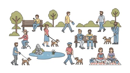 Vector Illustration of Diverse People Engaging in Recreational Activities at a Public Park