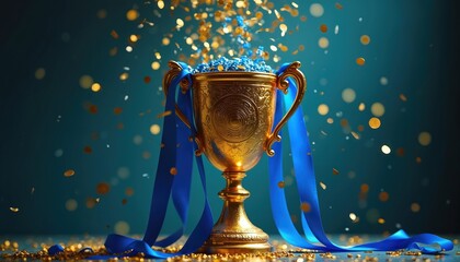 Golden cup with blue ribbons and falling confetti symbolizes first place win. Trophy represents achievement success in competition or game. Shiny award signifies victory and excellence.