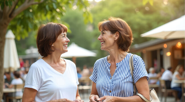 Two middle aged women friends talk happily outdoors on a sunny day. They share a moment of joy, smiling and enjoying each others company at a cafe.