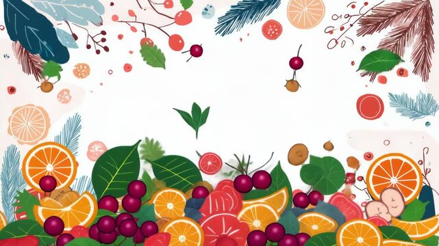 Fresh fruits and leaves frame with berries, citrus slices, and greenery on white background