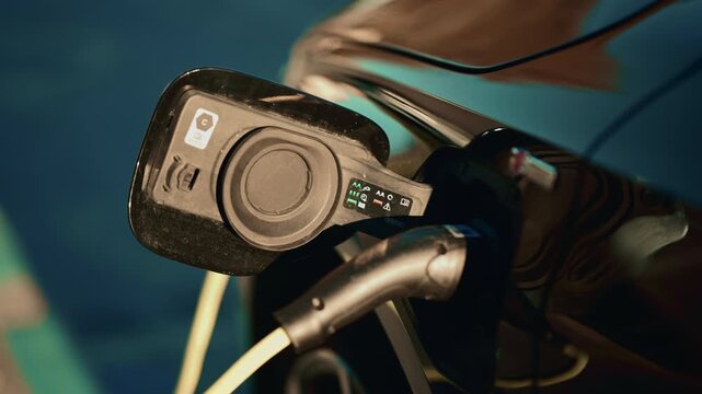 Close up of an electric car charging socket and plug connected to the vehicle, illuminated by warm sunlight with reflections on the bodywork