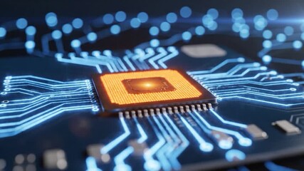 Futuristic digital processor on circuit board with glowing data pathways representing advanced technology and computing - Powered by Adobe