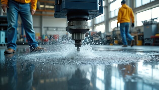 Workers operate cnc machine for precision cutting metal parts in industrial workshop. High tech waterjet precision cutter creates detailed components. Manufacturing industry production line. - Powered by Adobe