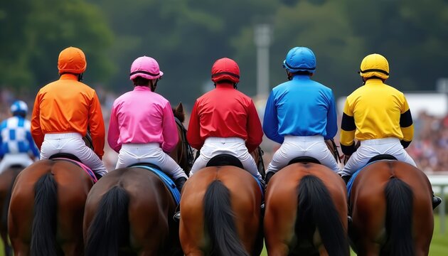 Five jockeys in colorful silks line up on horseback. Their bright outfits contrast with green grass and blurred spectators. These riders await competition start.
