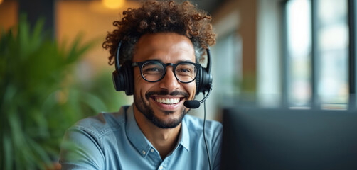 Fototapeta na wymiar Smiling man with headphones talks on headset. He works in customer service or call center. Offers support and advice. Wears glasses, has curly hair.